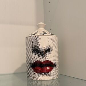 Fornasetti Ceramic Jar with Red and Black Face Design